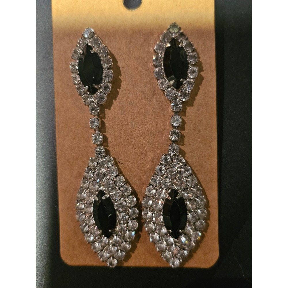 Vintage Style Black Marquise Rhinestone Dangle Earrings Silver Tone Statement